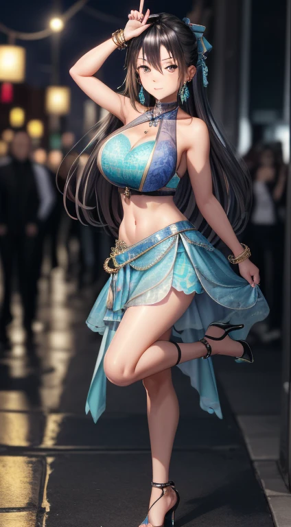 Extremely beautiful,1 girl, jewerly, breastsout, ((dancing1.4)), high-heels, darkskin, bracelet, へそ, aretes, focus only, Ankle Bracelet, dark skinned female, tummy, Blurry background, long hair, necklase, Blurry, neckleace, Bblack hair, overskirt, realisitic, へそ piercing