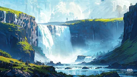 a waterfall in a valley with a river below, lush environment, beautiful concept art, concept art by Rad, massive waterfall, endl...
