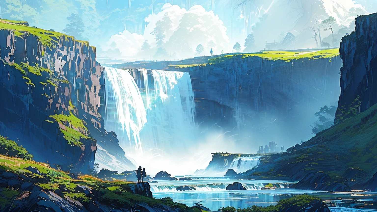 a waterfall in a valley with a river below, lush environment, beautiful concept art, concept art by Rad, massive waterfall, endless waterfall, landscape painting, breathtaking, anime-style concept art, background art, in the style of andreas rocha, waterfall in the background, environment and concept art, concept art painting, concept art, epic landscape