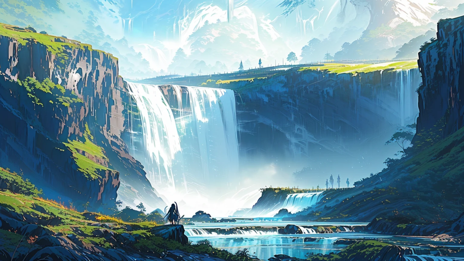 una cascada en un valle con un río abajo, ambiente exuberante, beautiful Arte conceptual, Arte conceptual by Rad, cascada masiva, Cascada sin fin, Pintura de paisaje, asombroso, anime-style Arte conceptual, fondo de arte, al estilo de Andreas Rocha, cascada en el fondo, environment and Arte conceptual, Arte conceptual painting, Arte conceptual, paisaje épico