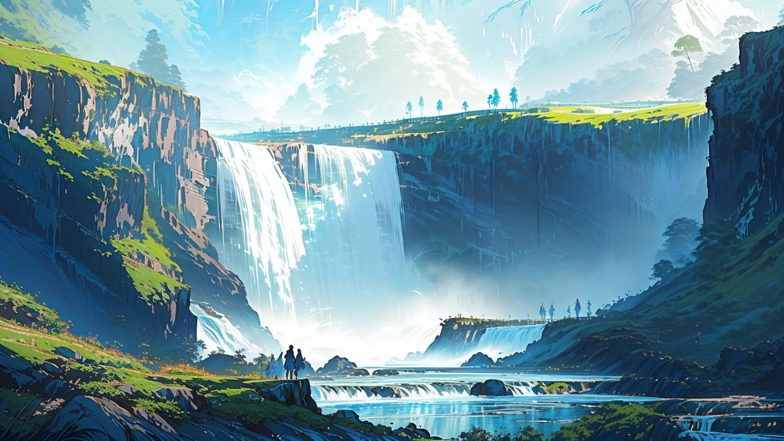 a waterfall in a valley with a river below, lush environment, beautiful concept art, concept art by Rad, massive waterfall, endless waterfall, landscape painting, breathtaking, anime-style concept art, background art, in the style of andreas rocha, waterfall in the background, environment and concept art, concept art painting, concept art, epic landscape