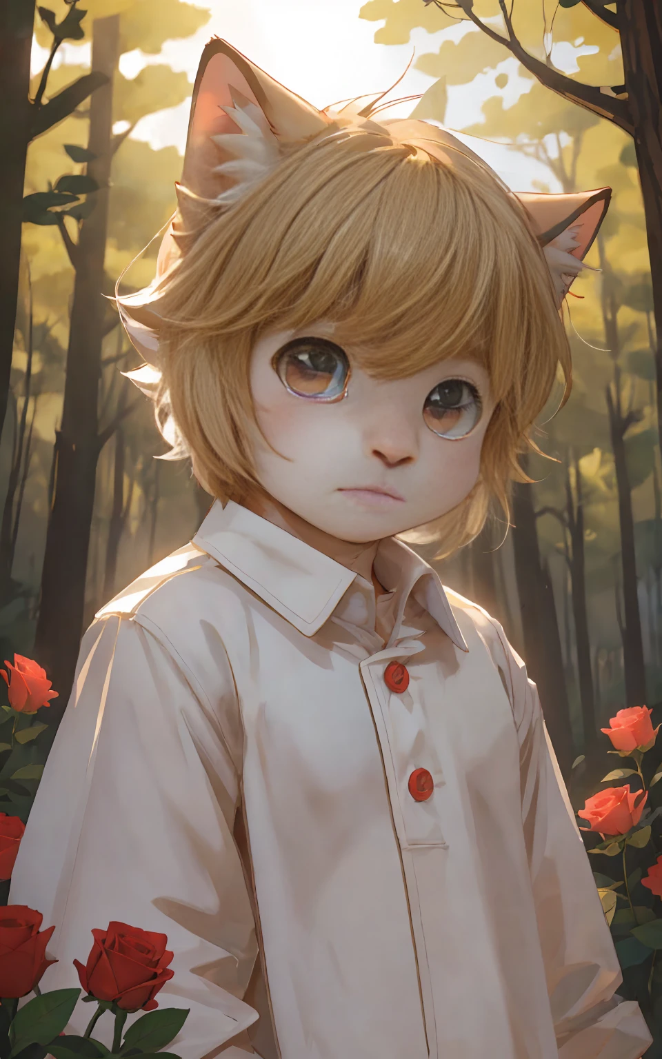 （masterpiece)，(Very detailed)，(best quality)，（（Gold's fur）），（blond hair），Light rose red eyes，（（Bright Eyes））（（boy）），（（（Three flower cat））），((cute表情))，（Shy：1.2），（Young children），（boy子），（Handsome：1），CG，8k，（(high quality)），(Ultra HD)，(Extremely detailed)，（Tempting），（light），（Best shadow），（Reality：1.2），（Naturalness：1）（Young children），（cute：1.2），Forest Background，Blue sky ，Bright Eyes，Three-quarter view，Face Focus，Cat&#39;s Tail，（Cat ears），（cute耳朵），（（cute的）），（cool），Cat&#39;s mouth，，Standing，By the creek，old，Naked upper body，Colorful Digital Line Art，Contrast Cuteness，(author：:1.1),(author：Xia Huaiting:1.1),(author：Telson:1.1),(author：Taran Fidler:1.1)，Pink paw pads，paw，4 fingers，4 toes，Perfect body，Detailed eyes，Detailed face，Detailed ears，（fur：1.25），Photography Art，Amazing background，Detailed background，Luxurious backdrop，（Fine face in detail），（Lying position）