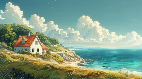 Painting of a house on a cliff overlooking the sea, Landscape Artwork, Amazing wallpapers, 4k highly detailed digital art, Beaut...