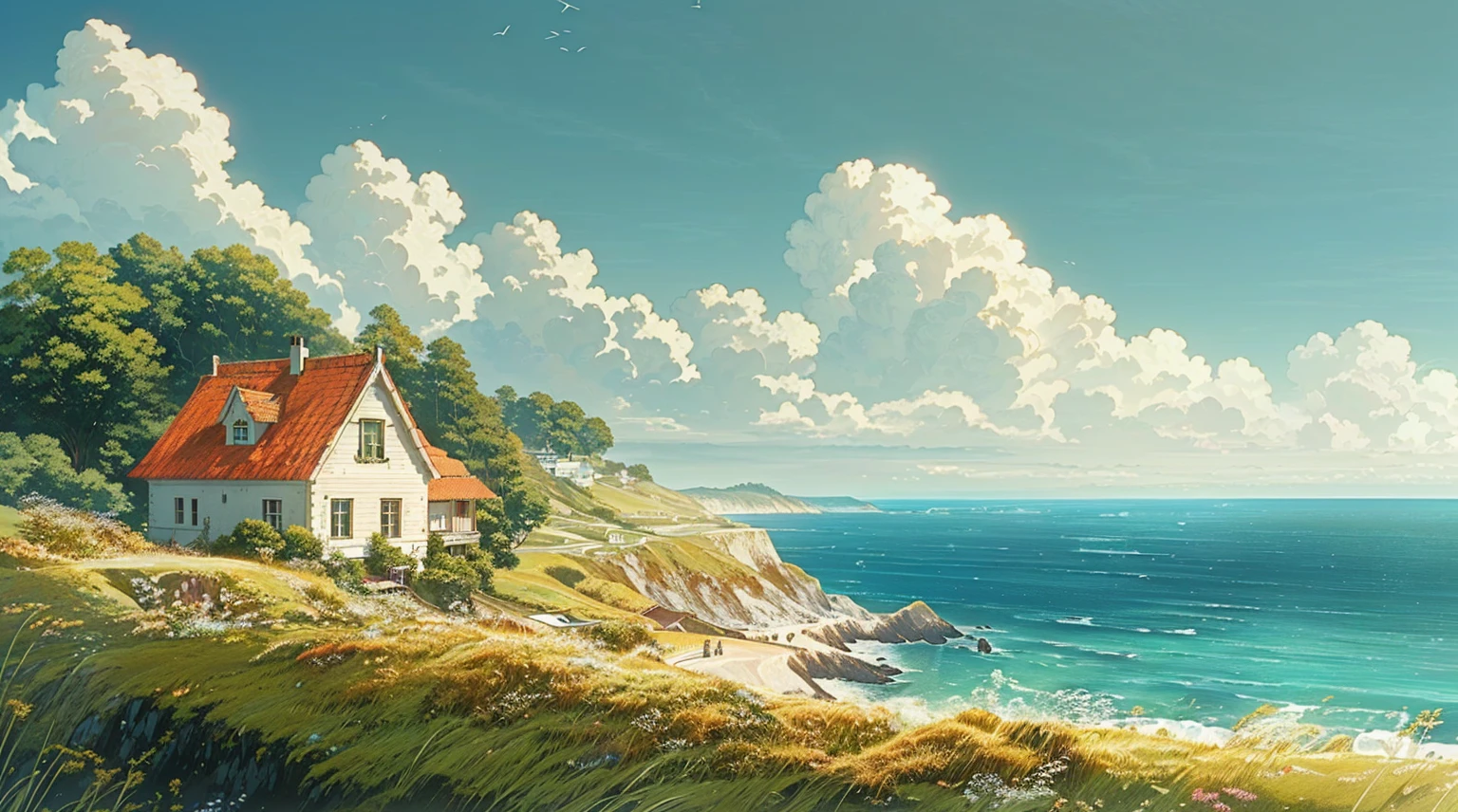 Painting of a house on a cliff overlooking the sea, Landscape Artwork, Amazing wallpapers, 4k highly detailed digital art, Beautiful artist rendering, 4k hd illustration wallpaper, Beautiful Numbers, Close to the sea, High quality desktop wallpaper, A beautiful artistic illustration, 4k hd wallpaper illustration, Lars van Baarle and Louis van Baarle, High quality wallpaper