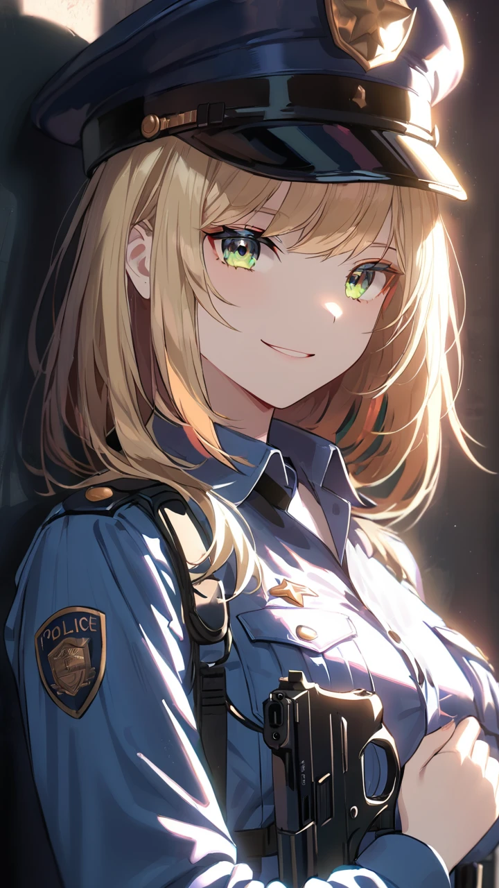 1 girl, blonde hair, police uniforms, police hats, holding a guns, half body, green eyes, smile, pale skin, dramatic lighting, soft shadow, masterpiece, best quality, safe, SFW, very aesthetic, recent, absurdres, highres, lighting, glowing,  