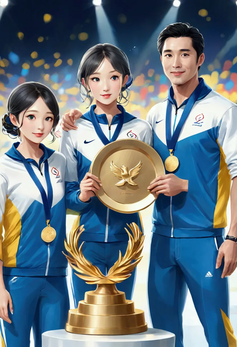 ((best quality)), ((masterpiece)),award-winning moments, olympic games, podium, gold medal，ink style