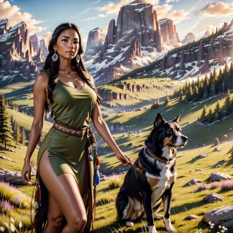 a beautiful native north american woman in sexy native american clothes with her dog, green grass, trees, flowers, mountains, fu...