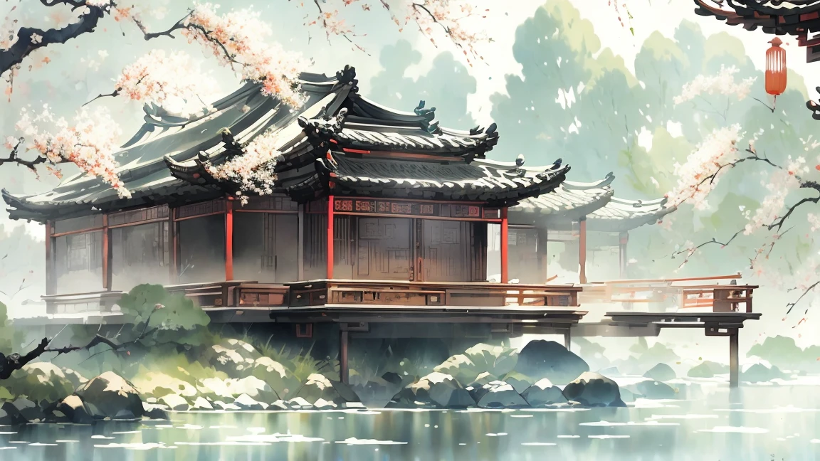 ancient style illustration chinese watercolor landscape painting watercolor willow river summer chinese landscape bare tree branch day flower leaf no human outdoors overgrown plants landscape tree tree water, Antique carved door beam, carved beam paintings, tables and chairs, potted plant, vase, porcelain, trees, flowers, masterpiece, recent quality, best details, beauty