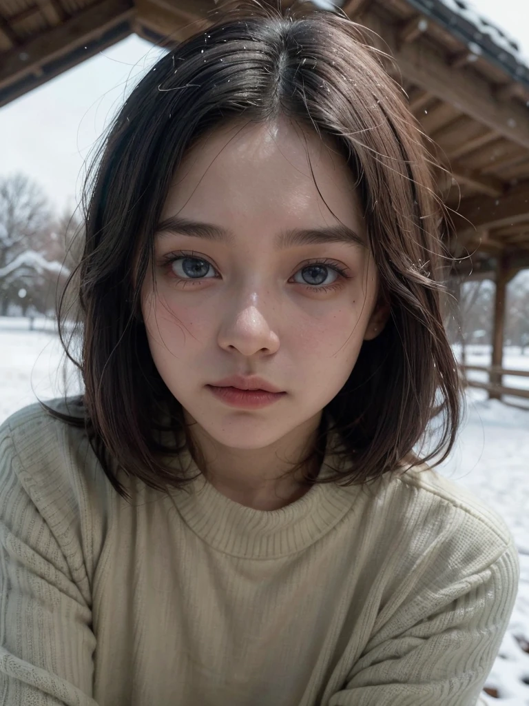 (Full shot:1.4), (Best quality:1.5), blue sky, (it's snowing:1.2), 23y, 1girl, indonesian, (tight breast), long sleeve sweater and skirt, (cute face:1.4), wavy short hair blowing in the wind, (bangs:1.2) dramatic selfie posing in meadow with wild plants, kodacrhome, cinematic lighting, beautiful shadow, sunlight, aesthetic, ultra highres, sharp focus, highly detailed, detailed face and eyes, perfect object, film bokeh, surreal view, shot by eos c with 35mm lens, (below angle:1.3), Portrait by annie leibovitz, midjourney v6