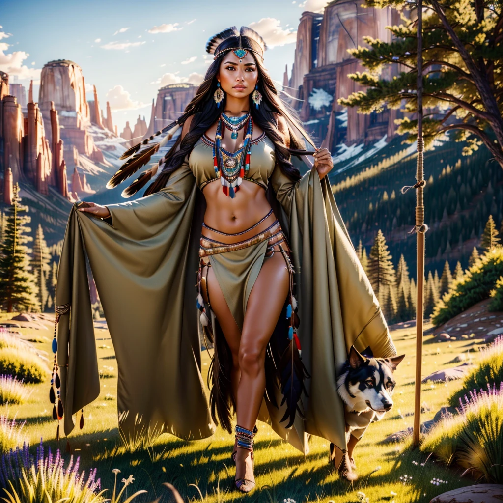 a beautiful native north american woman in sexy native American clothes with her dog, green grass, trees, flowers, mountains, full-lenght, high detailed, realistic full-lenght photo ((best quality)), ((masterpiece)), detailed soft oil painting, detailed background, dramatic cinematic lighting, soft edge lighting, professional, dramatic lighting, hard edge lighting, ultra quality, 4k,(masteriece, best quality, 8k, ultra highres, highres:1.4), extremely detailed, beautiful girl, high detail skin, high detail eyes, high detail hair, high rest , ultra detailed, sharpen picture, Highly detailed, masterpiece, best quality,perky breasts, supermodel body, long hair, native American, dark skin, feathers, hair ornament, jewelry, necklace, tribal, headdress