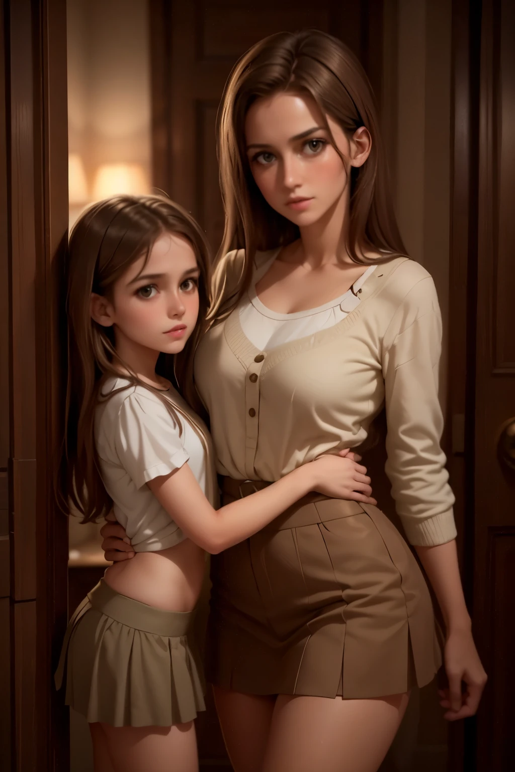 full figure sexy full figure skinny mom 33 years old woman whit  daughter at a inside a palladian villa, wearing very short miniskirt, micro top, light brown hair and dark green eyes . cinematic, moonlight, night,