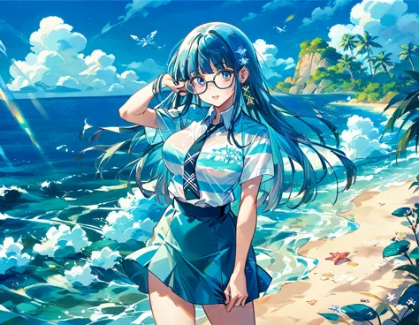 sticking to shirt、her breasts are visible through her blue and white striped shirt、blue flared skirt、she lifts her skirt to reve...