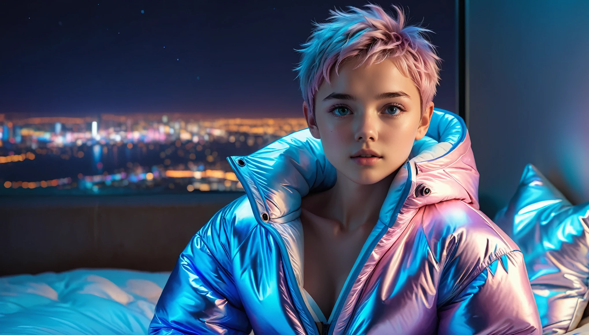 Top Quality, Masterpiece, High Resolution, 8k, ((2 cute barely legal girls in light pink blue open shiny puffer with plunging neckline, short sleeves, wide neckline, deep neckline, small perky breasts, extremely detailed face, detailed slightly open eyes, beautiful detailed lips, short asymmetrical pixie hair, small hips)), in a spaceship, on bed, intricate details, at night, backlit, random neon color, full body shot, view from distance, random pose