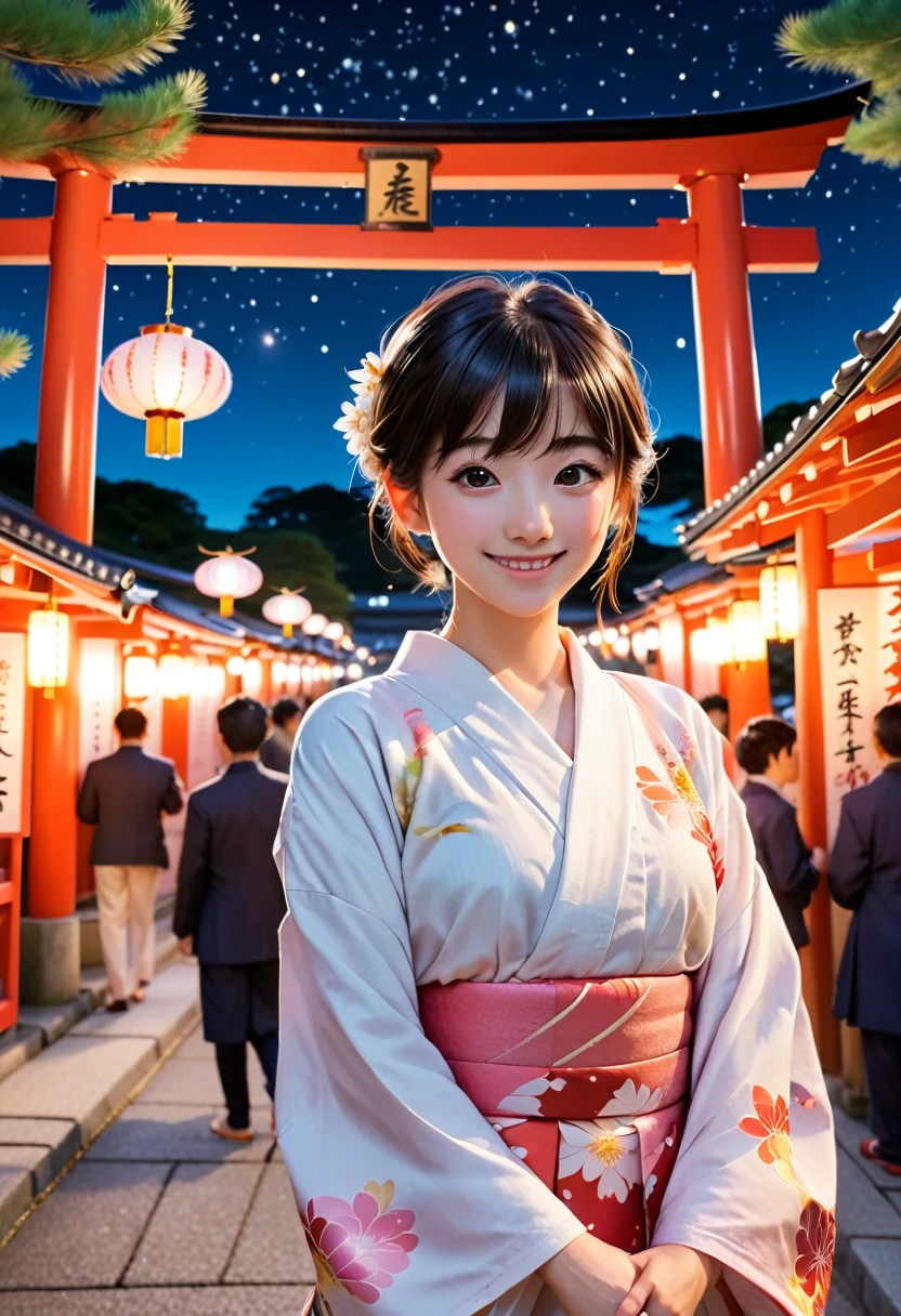 Anime style, first-person view, Japanese summer festival at night, beautiful anime girl in yukata smiling gently, holding hands, lantern-lit shrine grounds, torii gate and main hall in background, other yukata-clad visitors, colorful food stalls, starry night sky, warm glowing lighting, high detail, soft cel shading, depth of field, dynamic composition, vibrant colors, Ghibli-inspired background art, shoujo manga aesthetic, sparkles and lens flares, flowing fabric details on yukata, expressive anime eyes, blushing cheeks