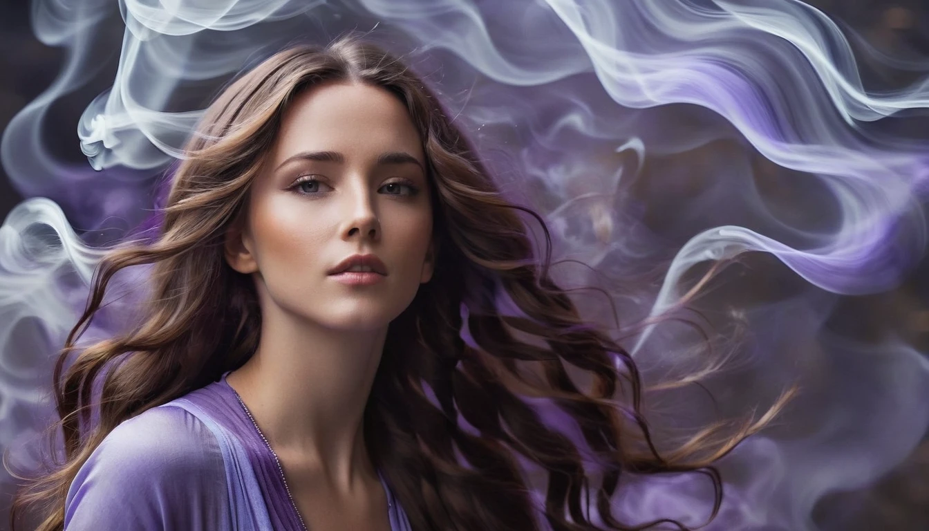 create a bust of an avatar from a ((brunette woman with wavy hair with an air of spirituality)), She has large ((long brown hair)), the background of this image is purple and lilac smoke, ((hair with movements))