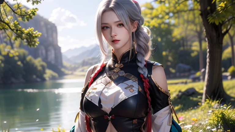 Highly detailed CG Unity 8k wallpaper,Highest quality,Realistic,A masterpiece of the world,(High resolution, Super detailed,8k),(Extremely low camera),Shen,One girl,white hair,green_eye,hair_ornament,Braided Ponytail,tights,,、Perfect body、1 female