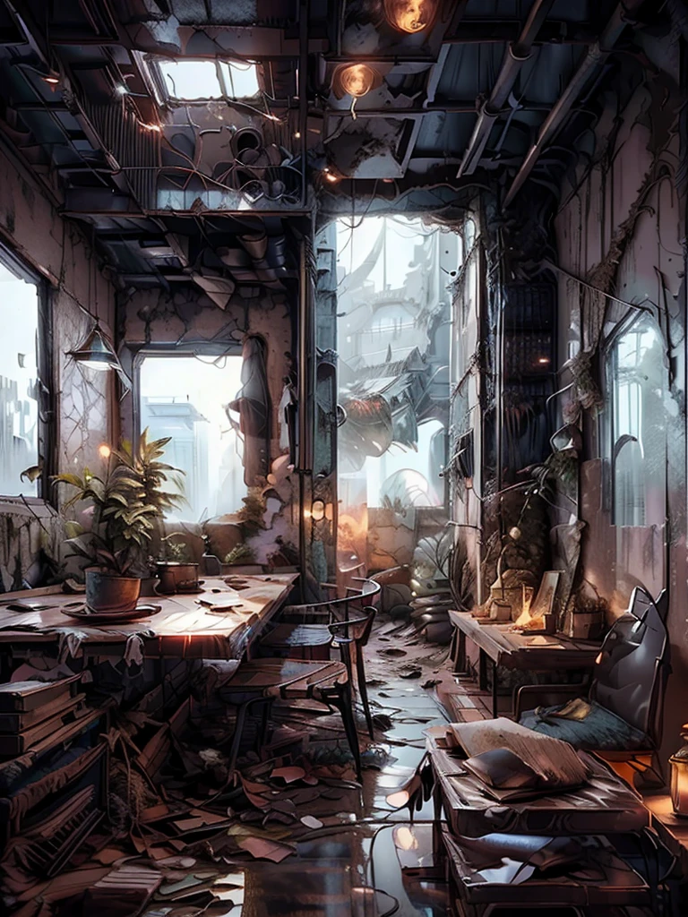 Create a post-apocalyptic scenario in which the Earth is flooded, There are few treeany buildings and structures. 廃墟などのHigh resolutionの詳細を追加する, Structural cracks, Electrical equipment malfunction, Insufficient lighting. The scene should have a mysterious and dark atmosphere., Contains elements of water and ruins, High resolution, Super detailed, Add ships to be used as cities, Ship City, 8k, Quality is abundant