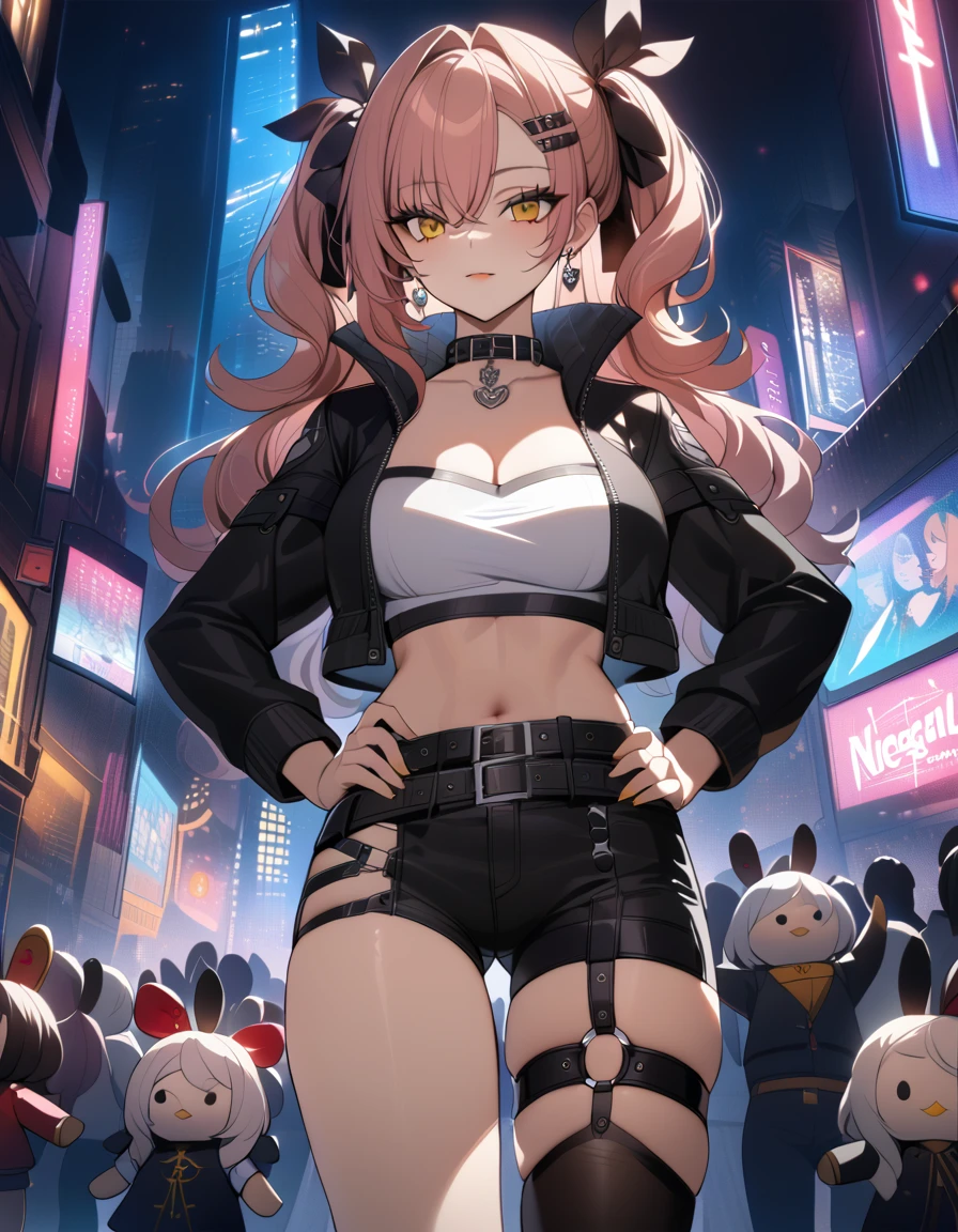 masterpiece, Highest quality, Very detailed, Very detailed,figure, 1 female, Nicole is, Hair Ribbon, hairpin, Earrings, Black collar, Tube top, Single Thigh High, short, Cropped jacket, belt, Thigh straps, The sleeves are separated, doll, Are standing, Put your hands on your hips, Cowboy Shot, City of night, mesugaki,