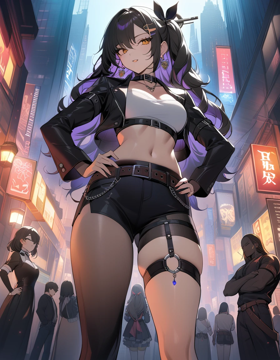 masterpiece, Highest quality, Very detailed, Very detailed,figure, 1 female, Nicole is, Hair Ribbon, hairpin, Earrings, Black collar, Tube top, Single Thigh High, short, Cropped jacket, belt, Thigh straps, The sleeves are separated, doll, Are standing, Put your hands on your hips, Cowboy Shot, City of night, mesugaki,