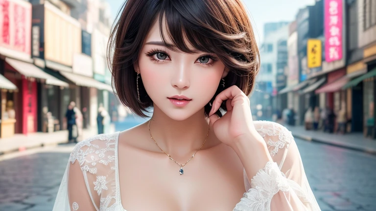 Highest quality, 32K, RAW Photos, Incredibly absurd, Very detailed, Neat and cool beauty, Flowing layered short bob cut, Dressed like a proper idol, Expressions of affection, Obscene language, thin, Perfect Proportions, Professional Lighting,、Perfect body、1 female