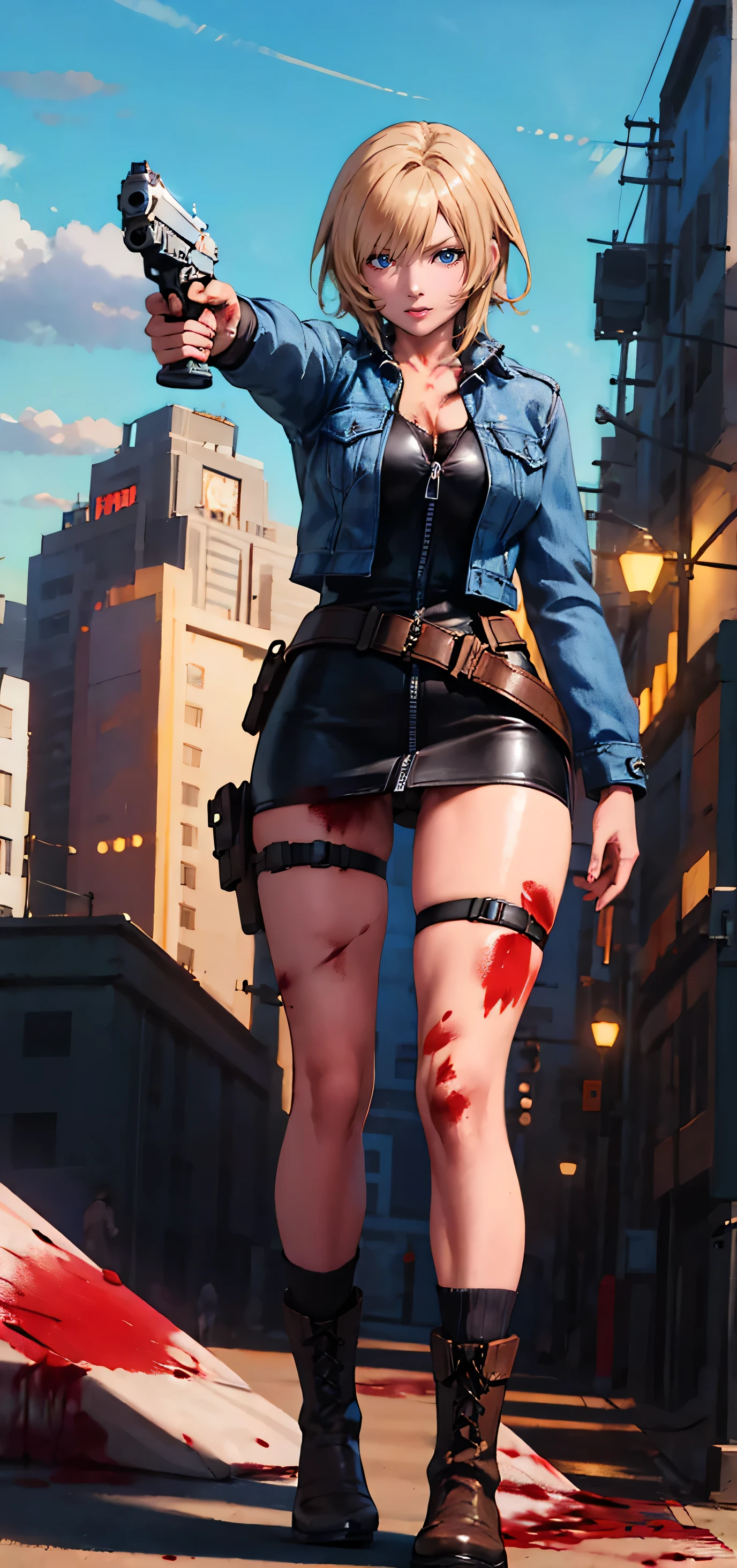 (finely best quality illustration,uhd:1.2), (realistick,attractive mature lady:1.35), 1girl, ayabrea, ash blond hair, Blue eyes, Upturned eyes, (cleavage,medium_breasts:0.7), (thick thighs:1.35), standing, (aiming at viewer,handgun,holding pistol:1.2), panty shot BREAK (Blue) [jean] Jacket, open_jacket, skin-tight black ((zipper)) short dress, belt, (put boots on over (((socks)))),((brown)) lace-up boots,black (socks:1.3), ((thigh holster)), (bleeding from the leg:1.35), from below,(Desert) town