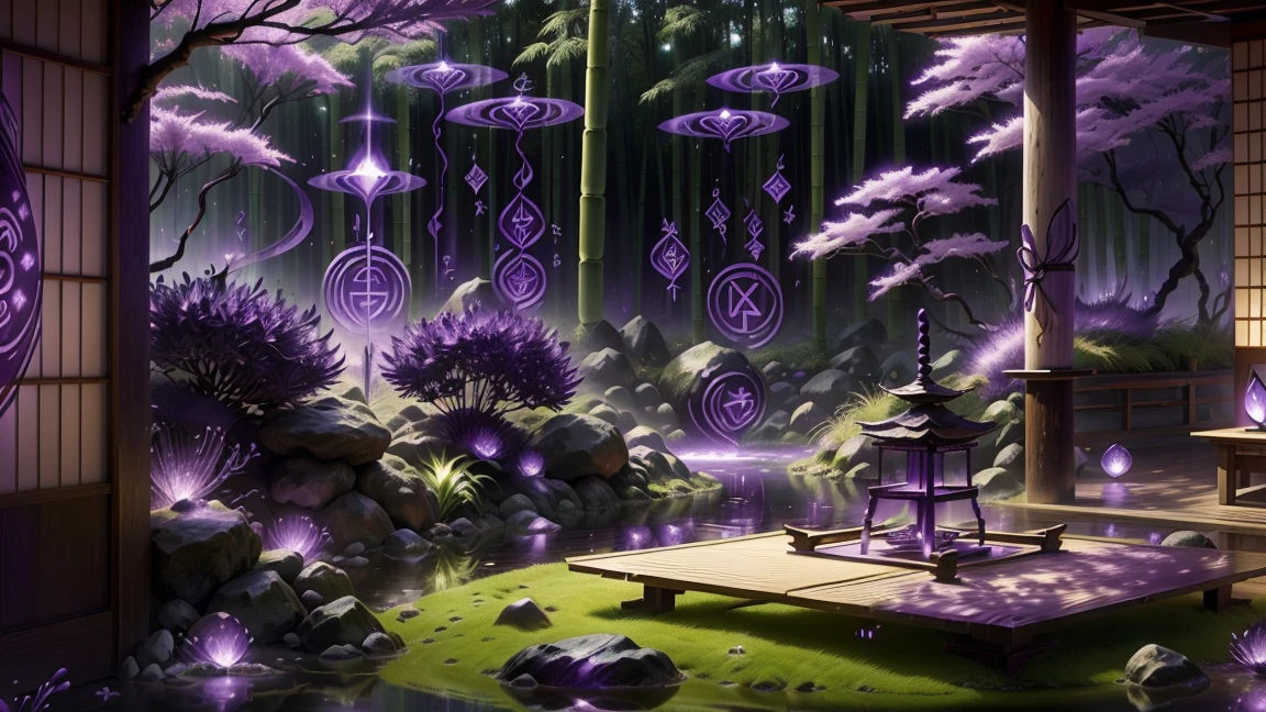 habits, Japanese garden, bamboo forest, Tranquil, japan, a cup of green tea, a calendar with notes, baboom patterns, ((purple color, psionicmagic, mana flow, shimmers, psychic energy, GlowingRunes_purple))