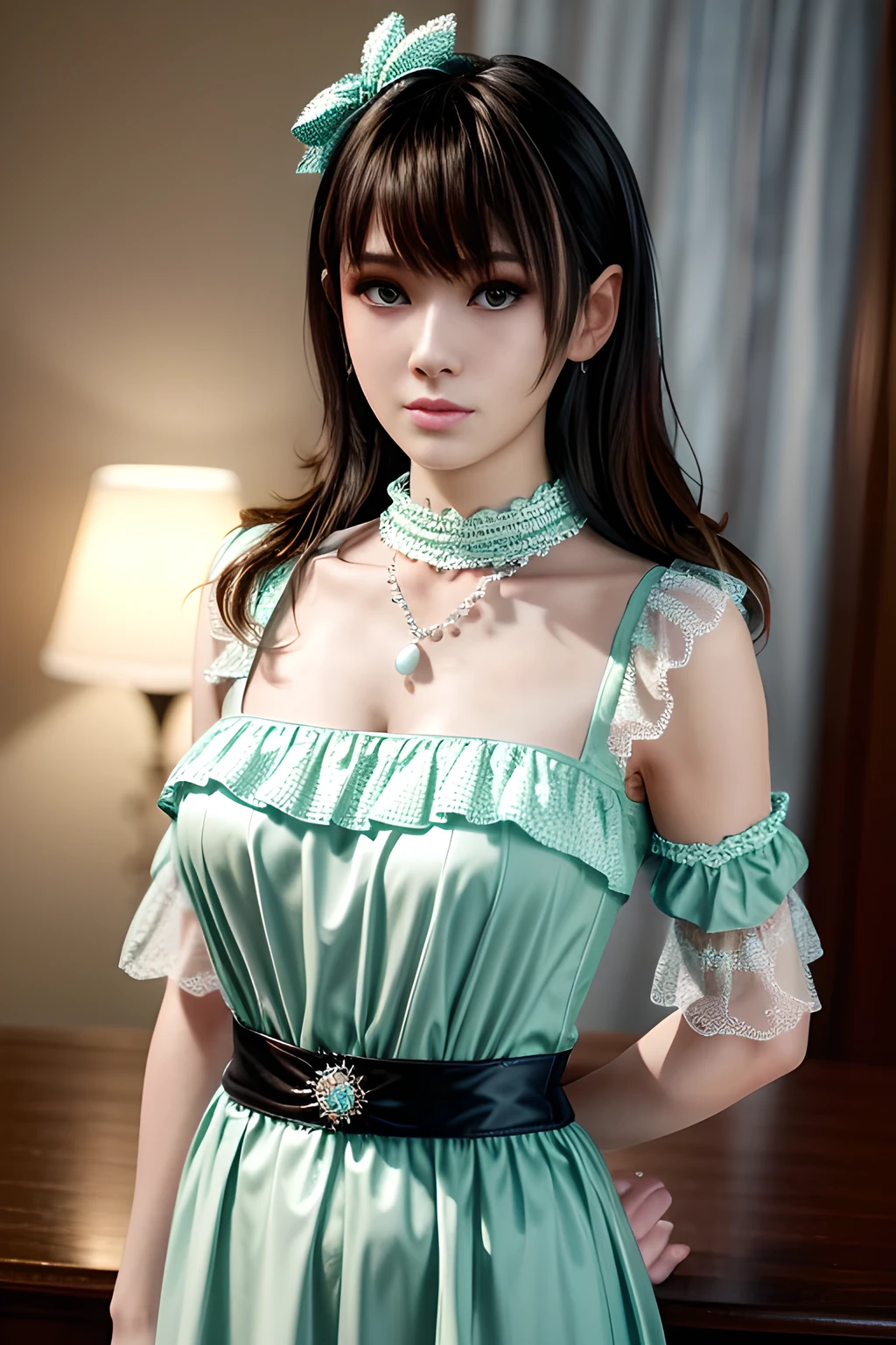 1girl,They wear a light green dress with sheer puff sleeves and a fitted bodice, tied with a light blue bow at the waist. The outfit exudes a feminine and sophisticated beauty, with a pearl necklace around her neck and flower accessories in her hair. The soft natural light creates a serene and elegant atmosphere, enhancing the overall composition. The background features floral elements and sheer curtains, adding an ethereal and springtime feel to the scene., (best quality,8k,highres,masterpiece:1.2),ultra-detailed,(realistic,photorealistic,photo-realistic:1.37),studio lighting,ultra-fine painting,sharp focus,physically-based rendering,extreme detail description,professional,vivid colors,,huge breasts,Nanami