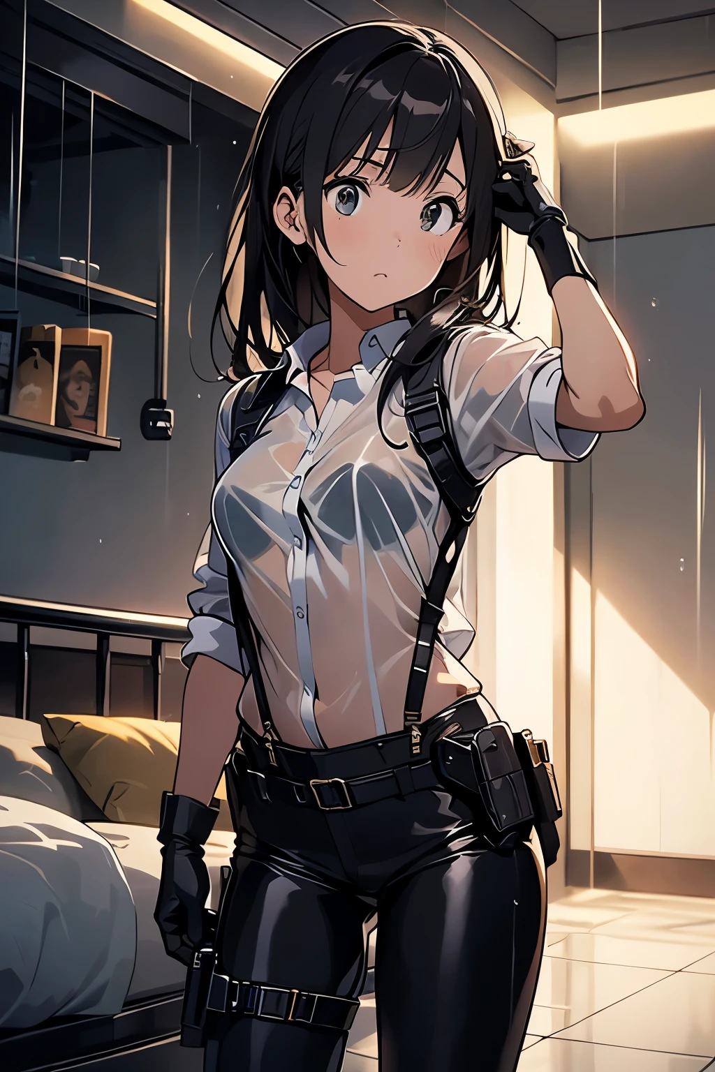 1 female, , high quality, masterpiece, Ultra-high resolution, , Cinema Lighting, , , And the suspenders with the cranes flying　　　Large Breasts　 　 　　　　Small face　 　　　holster　　　　　　　 Lying in bed　Looking up　　　　Sweat 　　　belt　summer　脇Sweat 　Black Hole Gloves　suit　shirt　　Black jacket　 Black trousers　Leg Links　ズボンにbelt　　holster　 　　Hands behind your back　 Anxious expression　Looking up　Anxious face, legs apart　Armament　Handgun　handcuffs　Cable ties　レッグholster　holster　See-through clothing　heavy rain　Getting wet in the rain