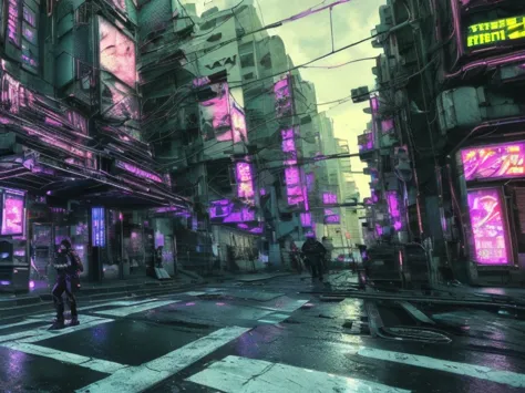 (street corner:1.3),((ultra realistic illustration:1.2)),(cyberpunk:1.4),(dark sci-fi:1.3),(brutalism:1.2). Dystopic megacity, g...