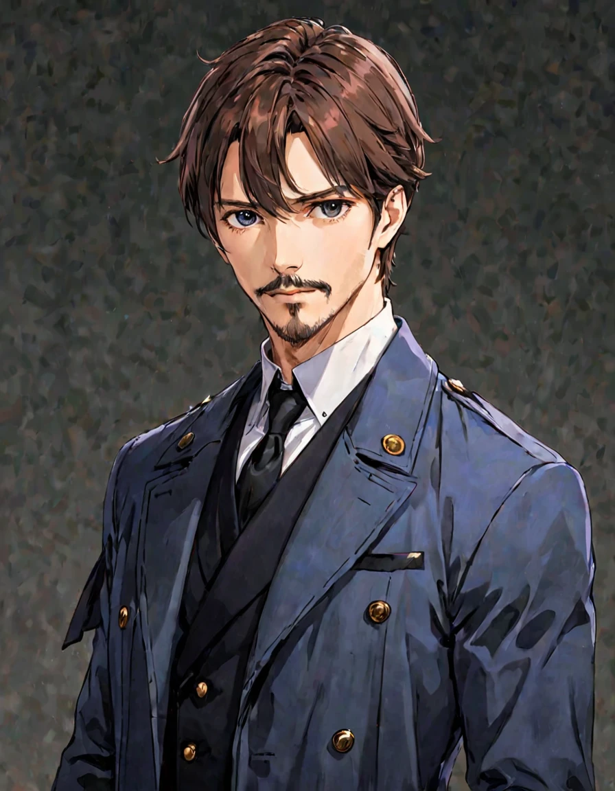 1man, mature male, parted bangs, medium-short hair, brown hair, muscular male celeb, short goatee, short mustache, indigo eyes, gentleman, elegant netori male, dark iris, upperwaist, BREAK solo, white collared shirt, gray trench coat, black neck ribbon, in gentle sasaki style, visual novel, 2010s, extreme all detailed, masterpiece, best quality