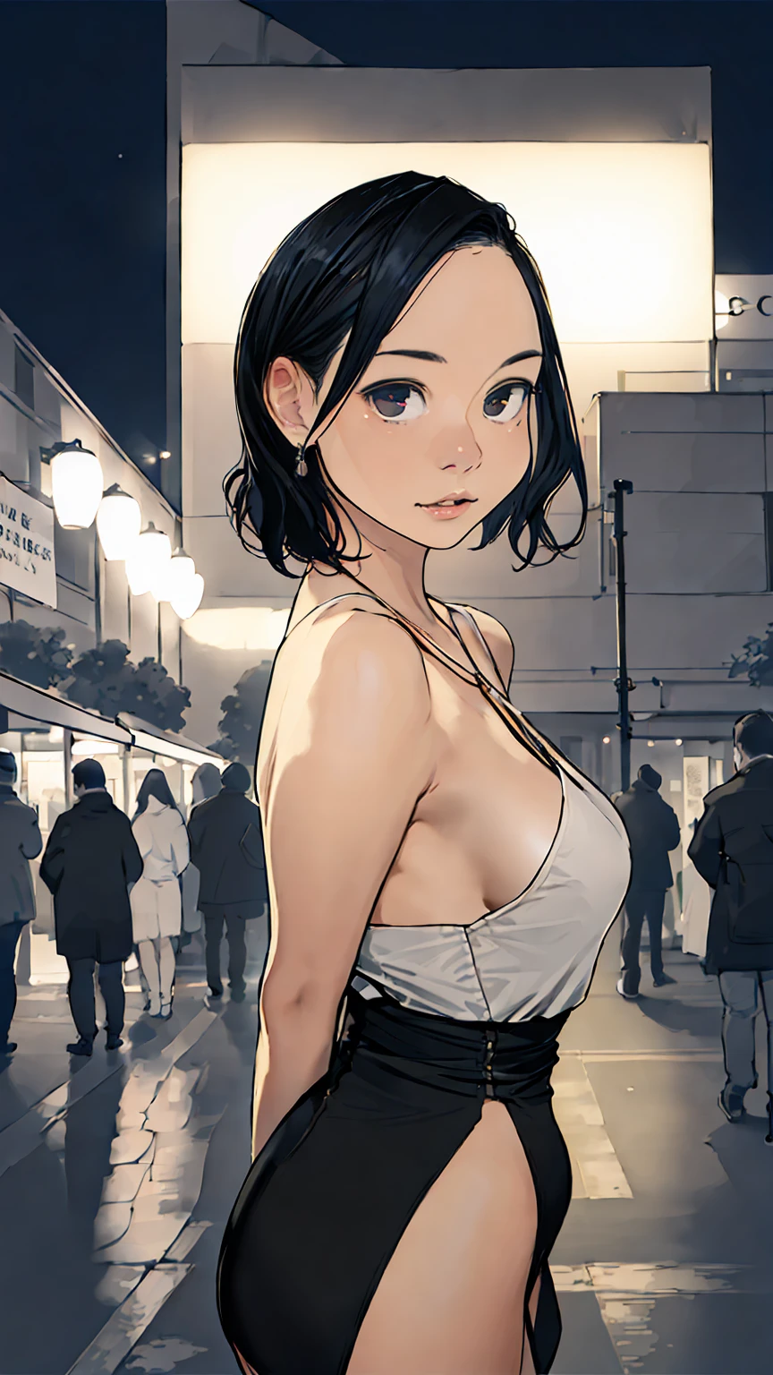 (Half-length photo,Street Lights,moon),masterpiece, 1 Girl, Solo exhibitions, Beautiful woman on the busy street, Surrounded by vendors, Beautiful goddess girl portrait, Beautiful and delicate face, Porcelain skin, (((Half-length photo, center, night, Black Hair, short hair)), Super soft light, symmetry, complex, grace, High Detail, realism, Art, concept Art,