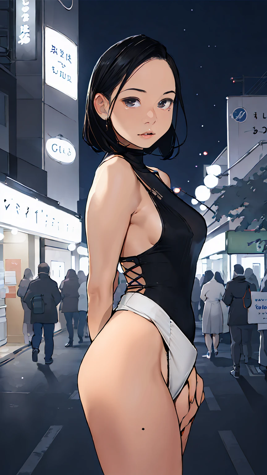 (Half-length photo,Street Lights,moon),masterpiece, 1 Girl, Solo exhibitions, Beautiful woman on the busy street, Surrounded by vendors, Beautiful goddess girl portrait, Beautiful and delicate face, Porcelain skin, (((Half-length photo, center, night, Black Hair, short hair)), Super soft light, symmetry, complex, grace, High Detail, realism, Art, concept Art,