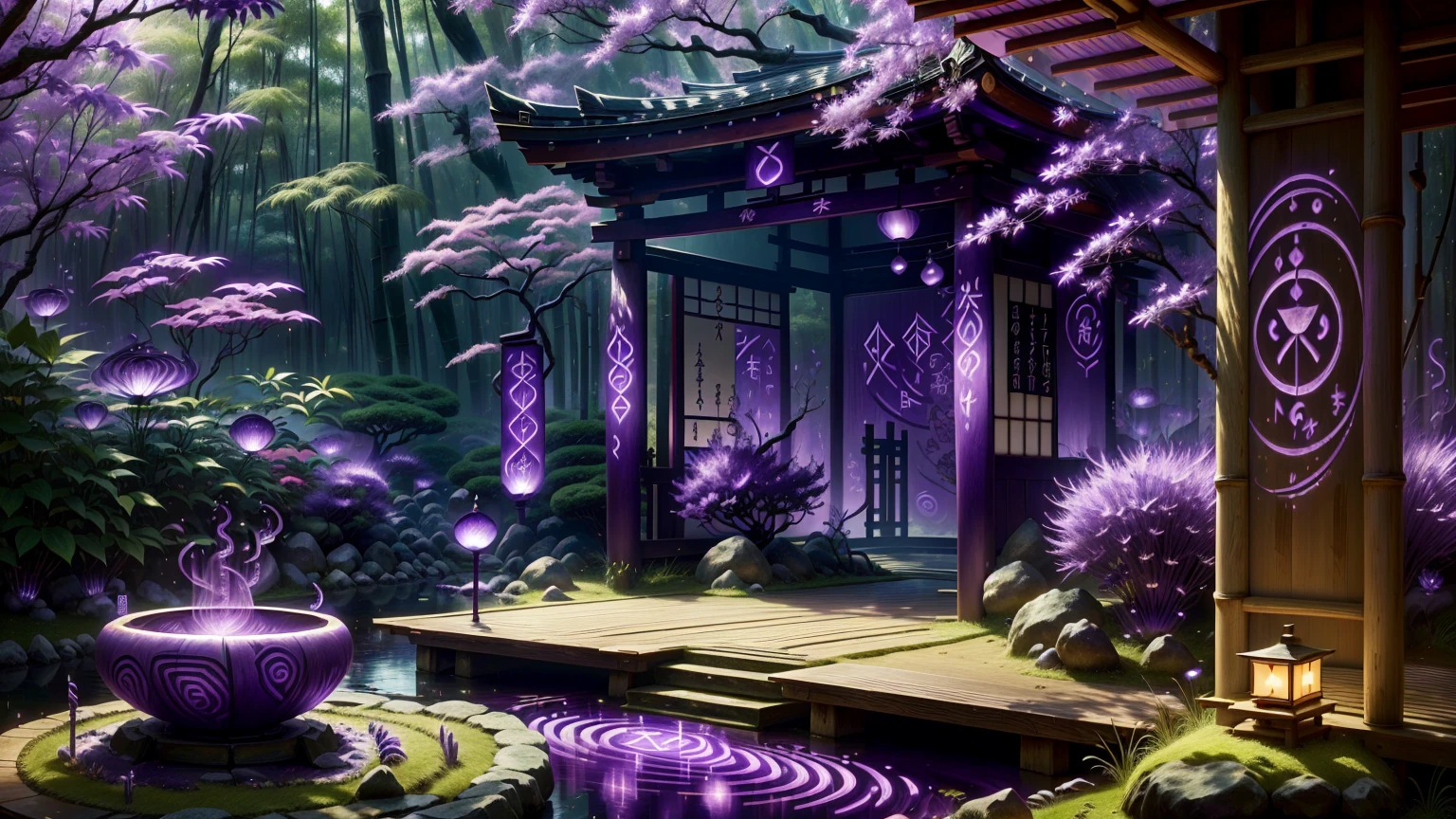 hábitos, Jardim japonês, floresta de bambu, tranquilo, Japão, uma xícara de chá verde, um calendário com notas, padrões baboom, ((roxo color, magia psiônica, fluxo de mana, brilha, energia psíquica, Runas Brilhantes_roxo))