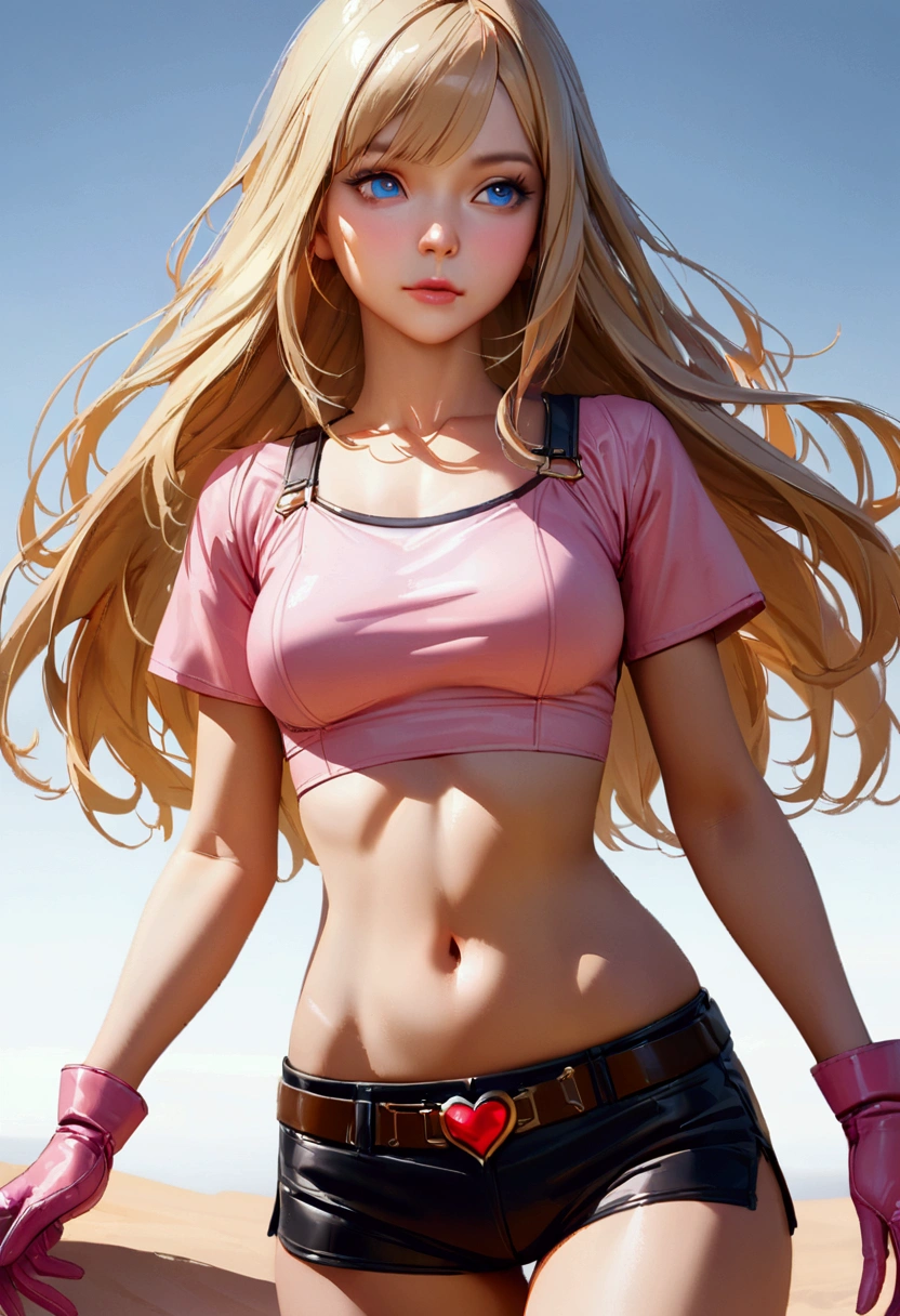 A young woman, tall body, (shoulder-length hair, blonde, side bangs), blue eyes, medium chest, plain pink tight leather shirt (crop top, scoop neck, tight short sleeves), navel, dark blue leather shorts (ultra low-rise), brown leather belt with a red heart belt buckle, pink small gloves, pink small high heel boots, walk, front-facing, UHD, 1080 P, ultra-detailed, ultra-realistic, best quality, concept art 