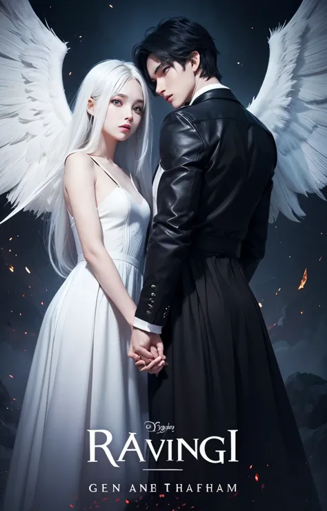 Generate a book cover image that has half of heaven and half of hell in the background, and in the center there is an angel girl with black hair and wings and a demon guy with white hair holding hands romantically.
