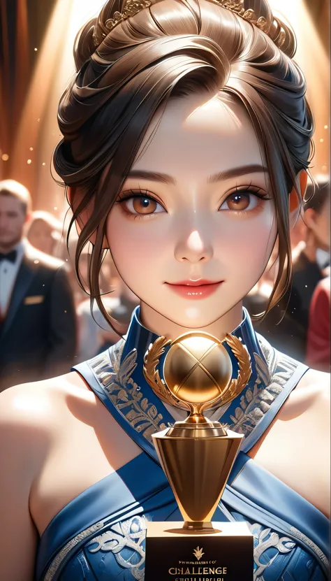 a woman winning an award, daily challenges, excellent artwork, (best quality,4k,8k,highres,masterpiece:1.2),ultra-detailed,(realistic,photorealistic,photo-realistic:1.37),portrait,intricate details,dramatic lighting,warm colors,award ceremony,elegant dress,expressive face,confident pose,inspirational,award trophy,stage,applauding audience