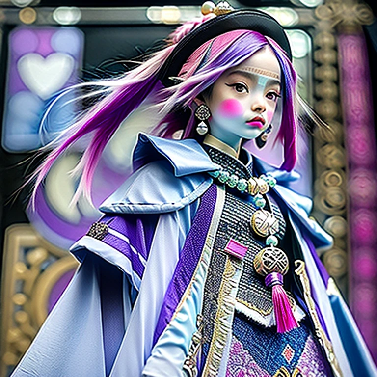 masterpiece, best quality, 10 years old, 1girl, qiqi (genshin impact), solo, thighhighs, hat, purple hair, white thighhighs, hair ornament, braid, qing guanmao, long sleeves, purple eyes, long hair, jewelry, parted lips, wide sleeves, ofuda, purple headwear, bangs, looking at viewer, outstretched arms, standing on one leg, beads, blush, shorts, dress, bead necklace, jiangshi, yin yang, single braid, black footwear, orb, necklace, blue dress, coin hair ornament, hair between eyes, very long hair, purple jacket, standing, snowflakes, shoes, cropped jacket, jacket, :o, sleeves past wrists, braided ponytail, vision (genshin impact), short shorts, bandaged leg, earrings, blue shorts, bandages, leg up, chinese clothes, yin yang orb,