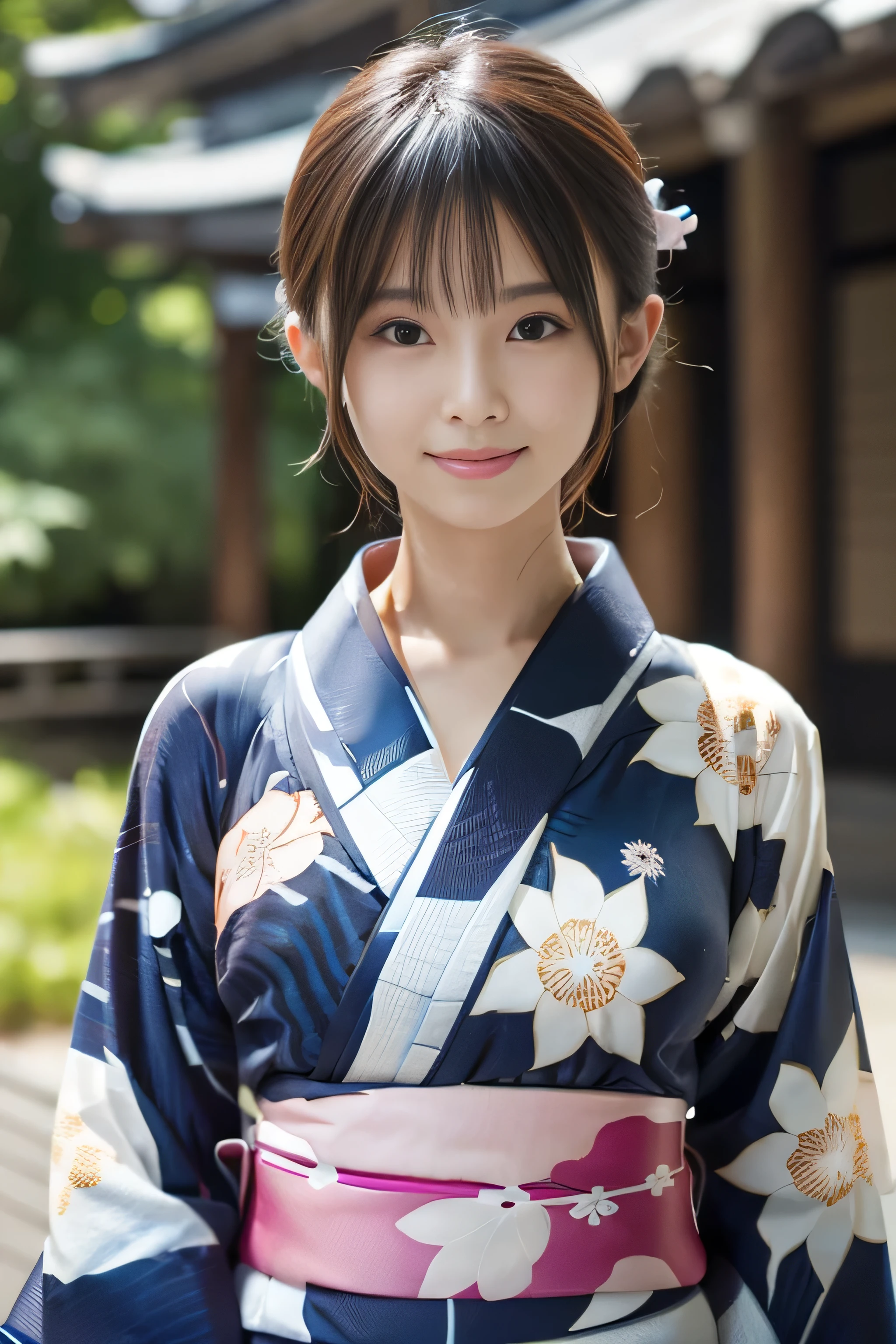 ((A thin yukata:1.4))、((14 years old))、Random Pause、(Highest quality,masterpiece:1.3,Ultra-high resolution,),(Very detailedな,Caustics),(Photorealistic:1.4,RAW shooting,)Ultra-Realistic Capture,Very detailed,High resolution 16K human skin closeup、 Natural skin texture、、Skin tone is even and healthy looking、 Use natural light and colour,1 girl,Japanese,cute,Black-haired,Medium Hair,(Big Breasts:1.4),smile,,(Written boundary depth、chromatic aberration、、Wide range of lighting、Natural Shading、)、(Kimono with open front:1.4), Holding a Japanese fan, (hard nipples erect:1.2), (nipples pointing up:1.2),