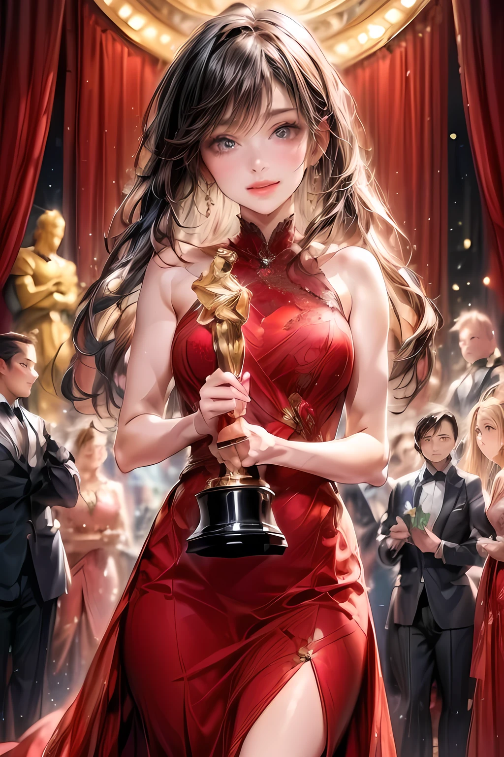 Beautiful cute young girl, actress, holding Academy Award trophy with both hands, giving a joyful speech, expression of joy, tears of emotion, wearing an elegant high-slit evening dress, best dressed, through bangs, beautiful details (hair, face, eyes, long eyelashes, lips, dress, thigh), middle breasts, (best quality, 16k, high resolution, masterpiece: 1.2), super detailed, (hyperrealistic, photorealistic: 1.37), intricate details, dramatic lighting, cinematic Composition, warm tones, glowing skin, flowing hair, expressive eyes, charming smile, graceful pose, red carpet background, award ceremony setting