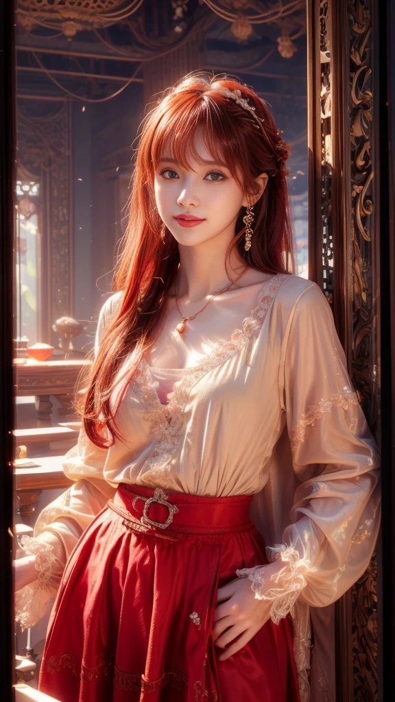 Beautiful, soft light, (beautiful and delicate eyes), very detailed, pale skin, big smile, (long hair), dreamy, medium chest, female 1, ((front shot)), bangs, fiery red hair, soft expression, elegant , bright smile, concept art, small necklace, small earrings, jewelry, shyness, dreamy soft image, skirt, shirt, jacket, color, photorealistic, realistic, (masterpiece:1.2), (best quality:1.2), ultra-detailed, best shadow, detailed background, high contrast, (best illumination, an extremely delicate and beautiful), ((cinematic light)), 8k, very aesthetic,