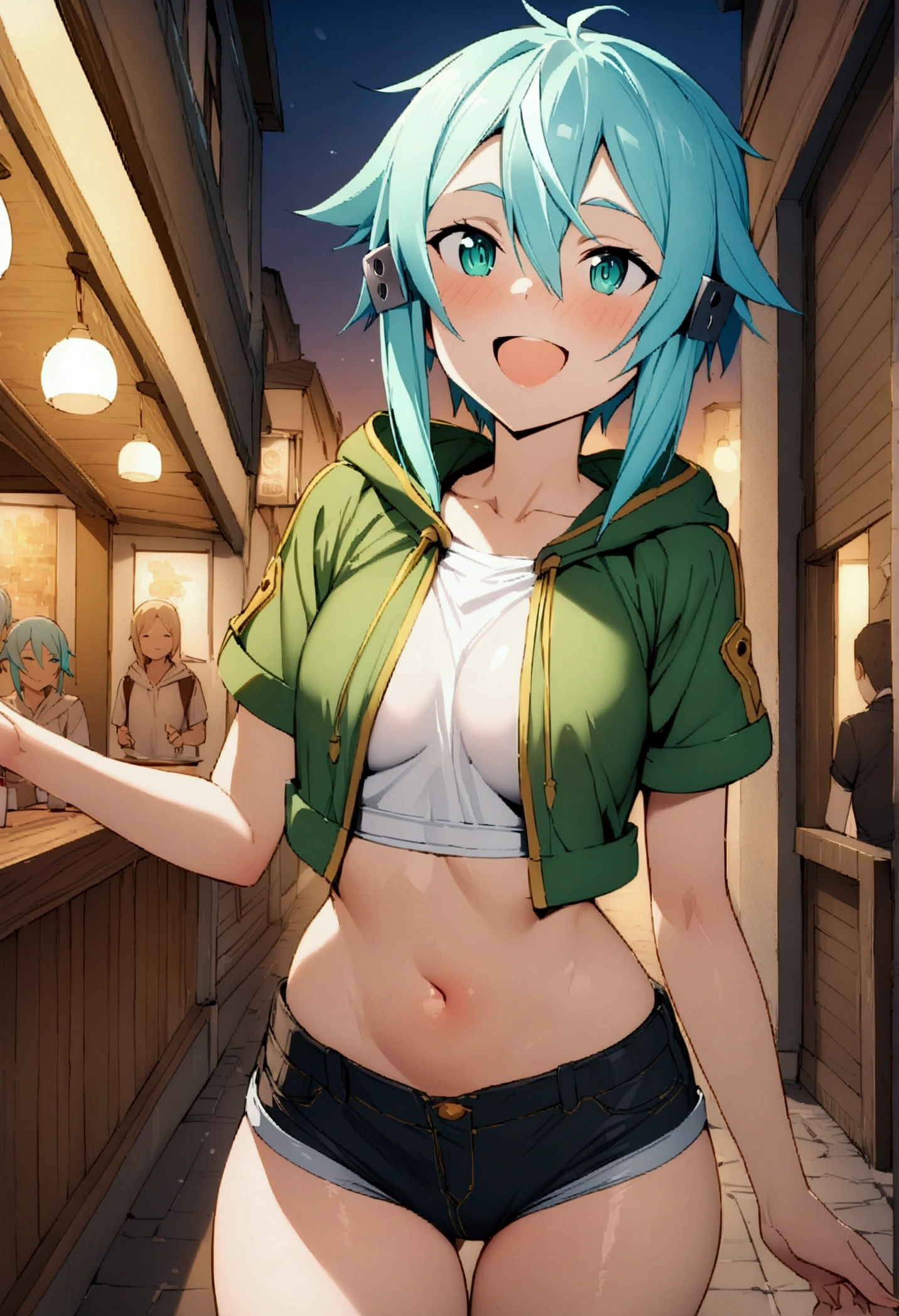 NSFW,masterpiece,Highest quality,High resolution,Very detailed,Sinon\(Sword Art Online\),Hooded parka,Open front clothing,Short-sleeved shirt,Crop top,Shorts,Happy face,bustling street,Restaurant area