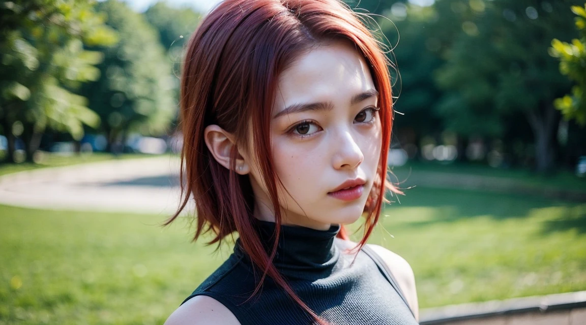 CosmiEyes, British, kallen stadtfeld, blue eyes, headband, ((red hair)), short hair, bandana, sleeveless, sleeveless turtleneck, turtleneck, looking at viewer, (medium breast:1.2), outdoors, park, upper body, detailed face, detailed eyes, beauty, extremely beautiful face