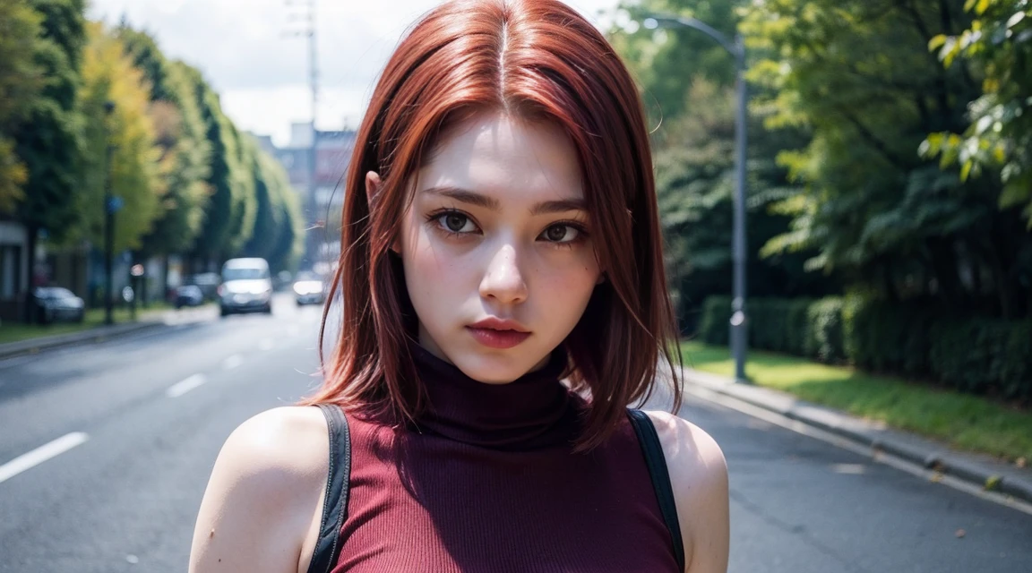 CosmiEyes, British, kallen stadtfeld, blue eyes, headband, ((red hair)), short hair, bandana, sleeveless, sleeveless turtleneck, turtleneck, looking at viewer, (medium breast:1.2), outdoors, park, upper body, detailed face, detailed eyes, beauty, extremely beautiful face