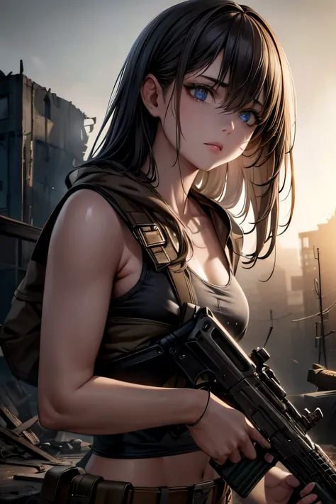 a girl in a post-apocalyptic setting, tattered clothing, holding an ak-47 assault rifle, detailed face, beautiful detailed eyes,...