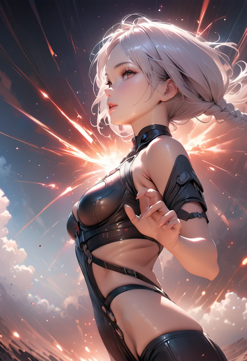 ((masterpiece, Highest quality, Best image quality, High resolution, Realistic, RAW Photos, 8k)), ((Highly detailed CG synthesis 8k wallpaper)), (Huge and stunning goddess shot, Very hot and sexy, Incredible beauty, Perfect Proportions, Beautiful body, Slim body beauty:1.1), Mysterious Girl, 2 Girls, Long silver hair, Two braids, Dynamic pose with big eyes staring into the camera.