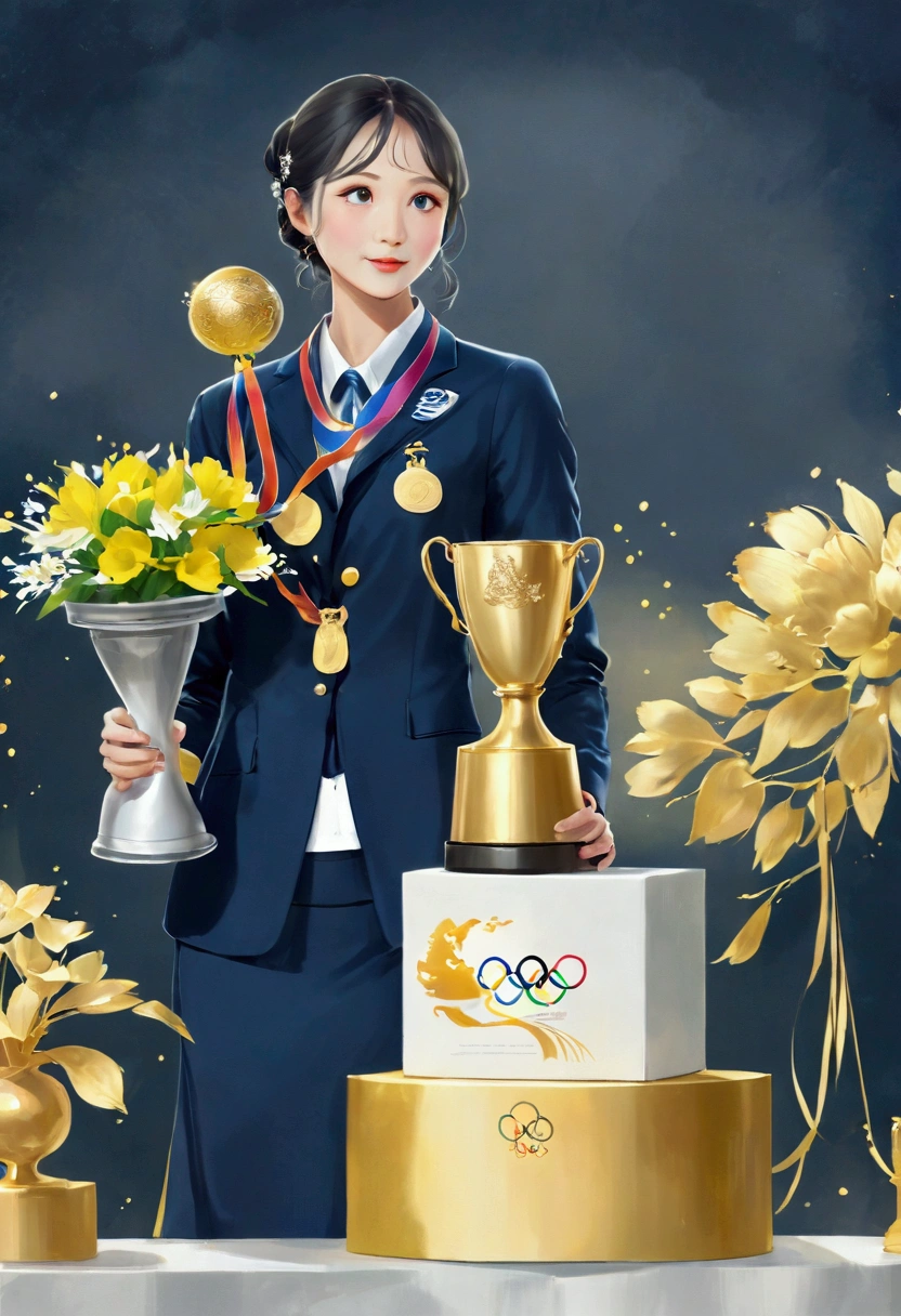 ((best quality)), ((masterpiece)),Award-winning moments, Olympic Games, Podium, gold medal，Ink style