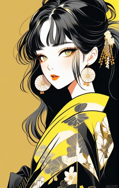 (best quality, sketch:1.2),realistic,illustrator,anime,1 girl, detailed lips, kimono,custom, black and gold gradient background,...