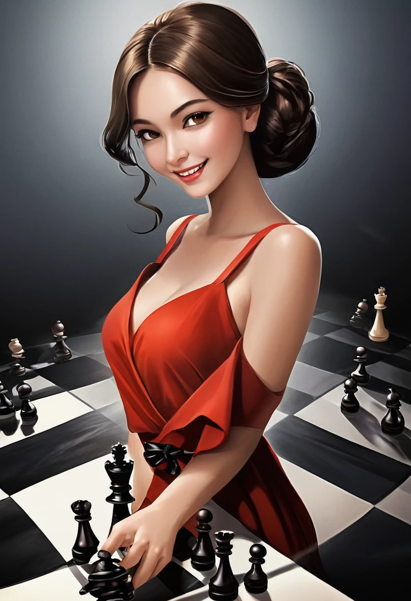 a picture of a woman proud, happy, overjoyed, victorious after winning chess game, a beautiful woman ((full body shot: 1.5)), ((anatomically correct: 1.5)) (ultra detailed face: 1.4), dynamic skin complexion, dynamic hair style, dynamic hair color, ((winning a chess game: 1.5)), at chess tournament, she is dressed in elegant dress, intricate dress, dynamic color dress, dynamic style dress, wearing high heels, a ((look of satisfaction: 1.3)), a look of ((victory: 1.3)), a look of overcoming great obstacle, chess tournament background,  vibrant, Ultra-high resolution, High Contrast, (masterpiece:1.5), highest quality, Best aesthetics), best details, best quality, highres, 16k, [ultra detailed], masterpiece, best quality, (extremely detailed), Cinematic Hollywood Film style