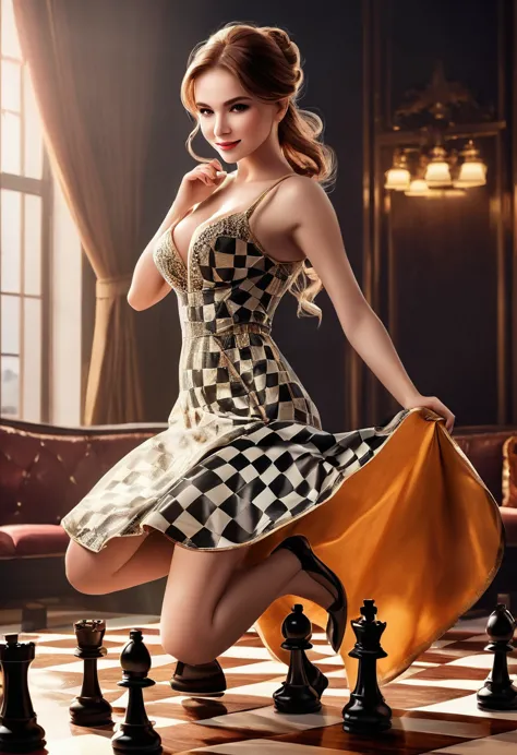 a picture of a woman proud, happy, overjoyed, victorious after winning chess game, a beautiful woman ((full body shot: 1.5)), ((...