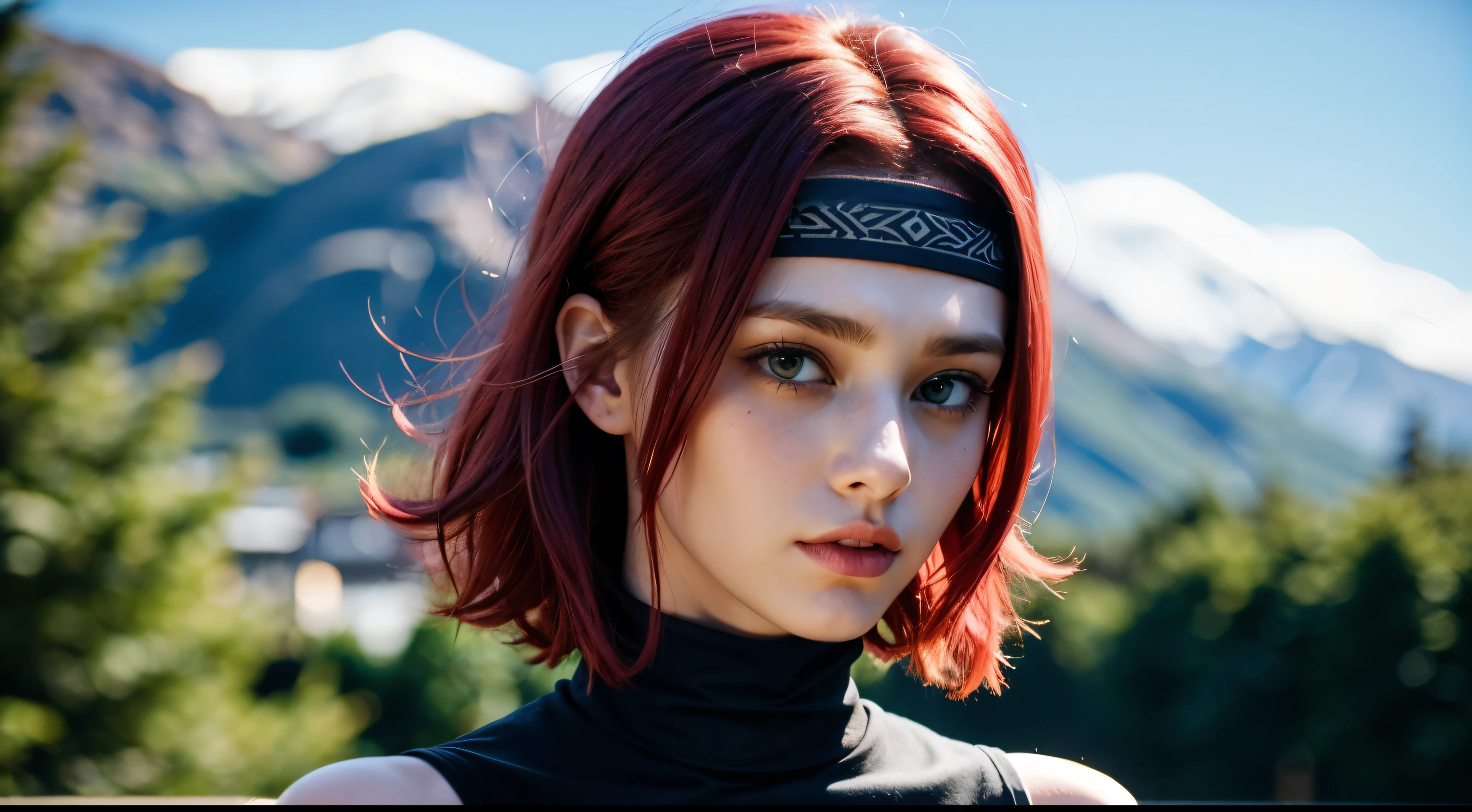 CosmiEyes, British, kallen stadtfeld, blue eyes, headband, ((red hair)), short hair, bandana, sleeveless, sleeveless turtleneck, turtleneck, looking at viewer, (medium breast:1.2), outdoors, park, upper body, detailed face, detailed eyes, beauty, extremely beautiful face